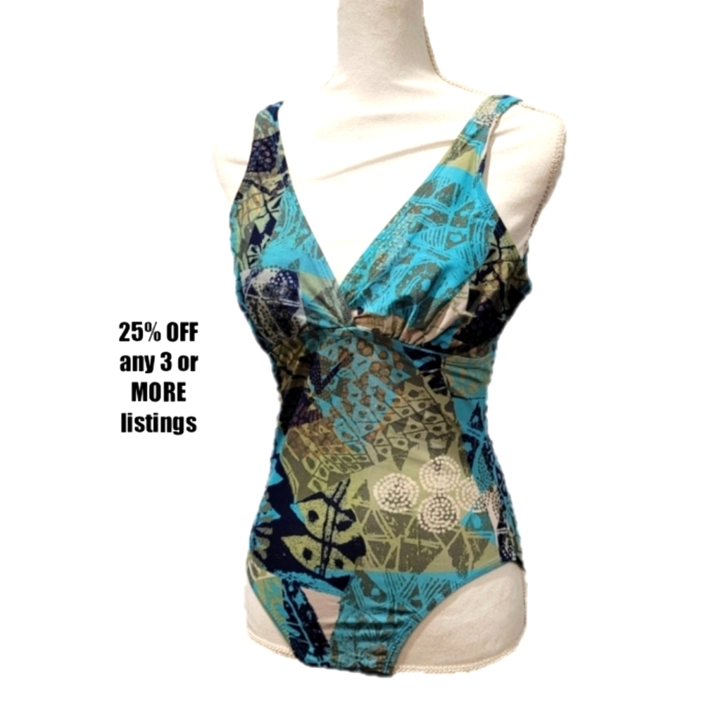 Vintage Swimsuit Size 14 Printed Swim Pool Palm Beach Cruise Wear Bohemian Boho